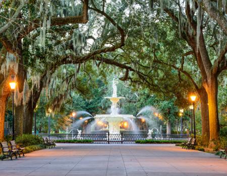 A view of a fountain in Forsyth Park