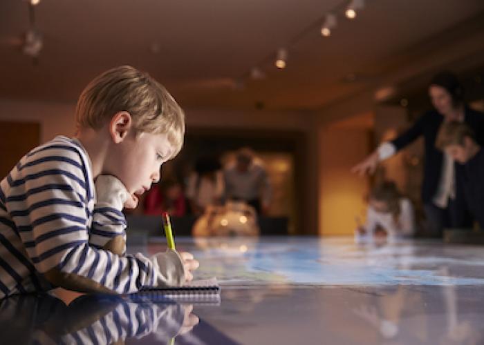 A little boy explores a museum